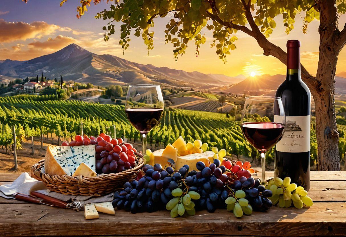 A picturesque scene of rolling vineyards under a golden sunset in Turkey, with wine glasses filled with rich red wine on a rustic wooden table. Include a backdrop of mountains and olive trees, and a couple toasting with their glasses, smiling joyfully. In the foreground, a basket of fresh grapes and cheese adds to the celebration theme. super-realistic. vibrant colors. 3D.