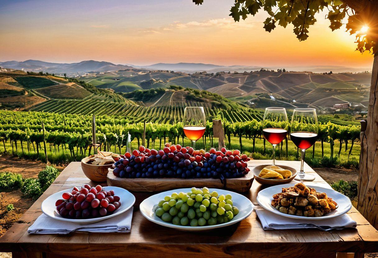 A picturesque vineyard in Turkey with ripe grapes hanging from vines, a beautifully set rustic wooden table featuring an array of Turkish dishes like kebabs and mezes, paired with elegant glasses of red and white Turkish wines. The backdrop showcases rolling hills under a golden sunset, enhancing the warmth of the scene. Emphasize rich colors and textures to evoke a sense of indulgence. super-realistic. vibrant colors. 3D.