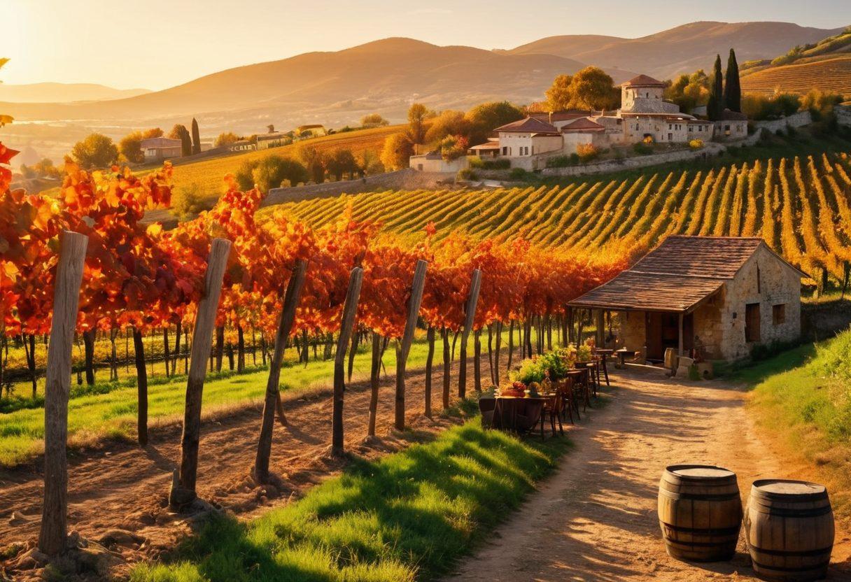 A picturesque Turkish vineyard landscape at sunset, featuring rolling hills covered in grapevines, traditional stone houses, and wooden barrels aging wine. Include people enjoying a wine tasting amidst colorful autumn foliage, with a table set for a feast of local food delicacies. Capture a vibrant sun setting in the background, illuminating the scene with warm hues. super-realistic. vibrant colors. 3D.